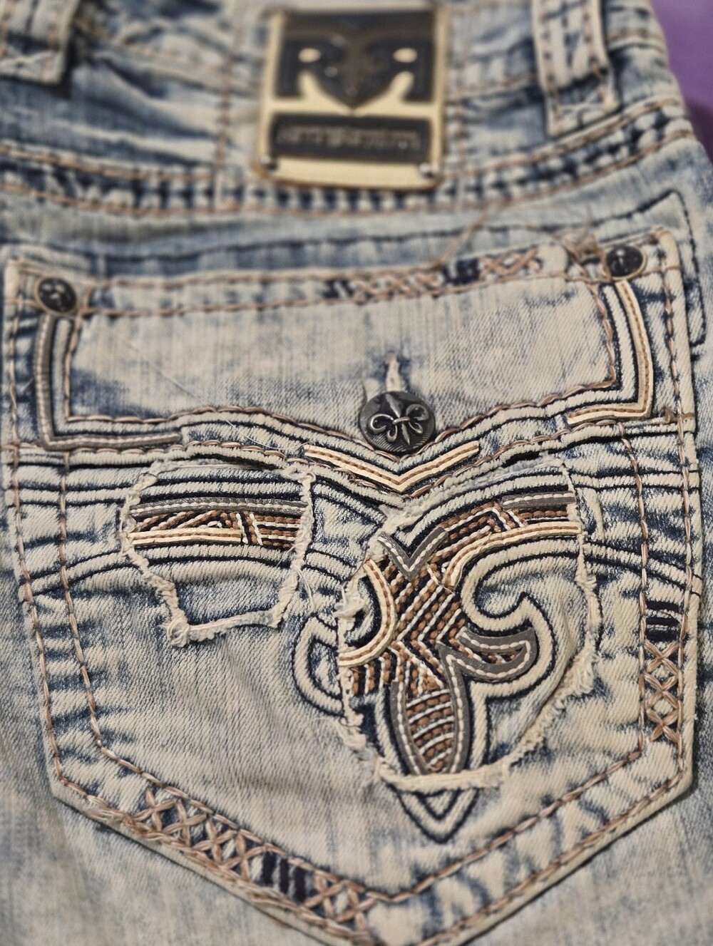 Rock Revival Light Blue Denim Jeans with Tan & Navy Embroidery